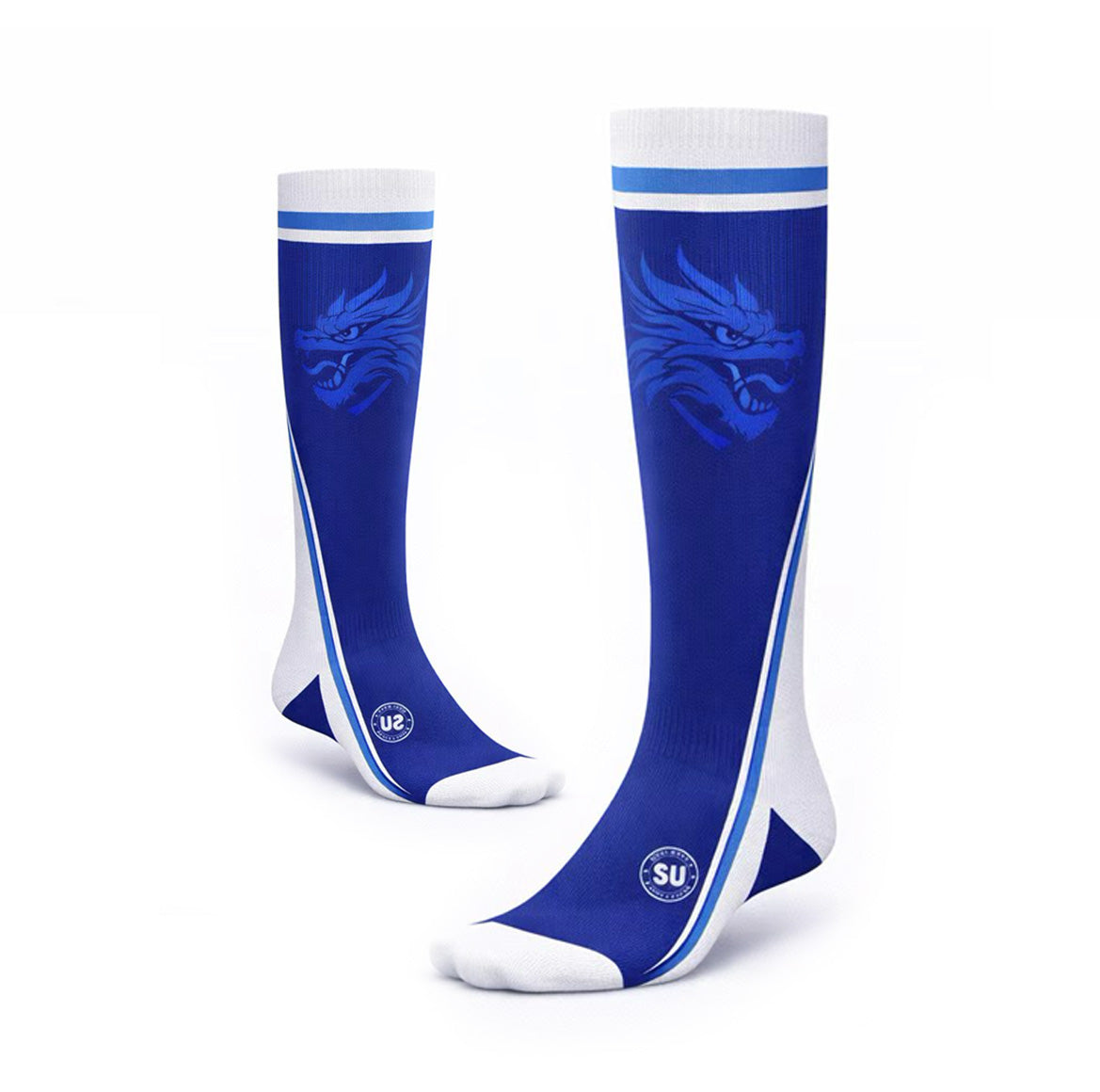 Two blue Southern EITE Long Socks by Southern Apparel with white toes, heels, and cuffs. Each features a blue dragon design, two white stripes near the top, and small circular logos at the ankles. Shown on a white background.