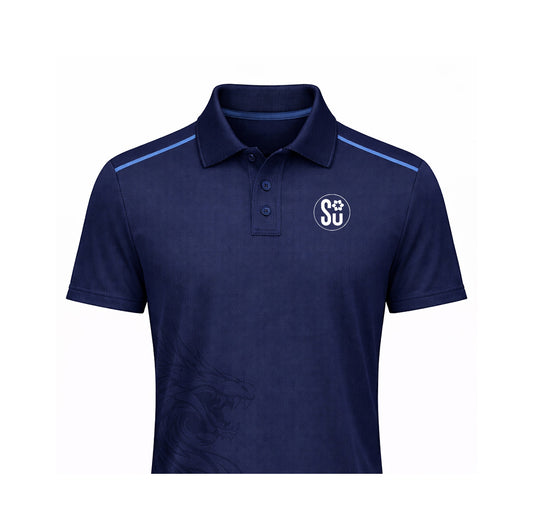 The Southern Apparel Southern GAME DAY Polo features navy blue fabric, blue shoulder stripes, a buttoned collar, a circular SU logo on the left chest, and a subtle dragon graphic on the lower right. Coming Soon.