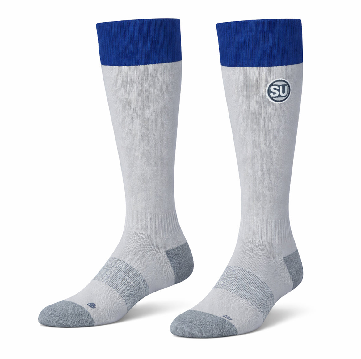 A pair of knee-high, light gray Southern Apparel UMPIRES ONFIELD SOCKS with dark blue cuffs, gray toes and heels, a circular SU logo near the top, and moisture control for enhanced match-day performance.