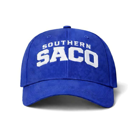A blue GAMEDAY Cap by Southern Apparel featuring a structured front panel and white “SOUTHERN SACO” text on the front.