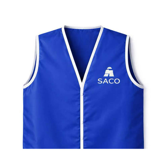 The Southern GATEWAY Barrier Jacket by Southern Apparel is a blue sleeveless jacket with white trim and buttons, featuring the SACO logo and text on the upper left chest—perfect for standing out on race day.
