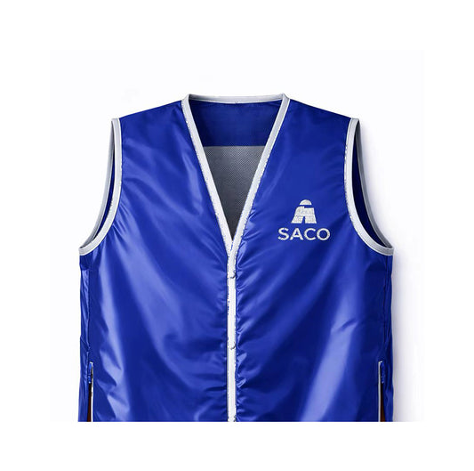 A sleeveless, shiny blue softshell vest with white trim, front zipper, and SACO logo on the left chest—ideal for Southern EITE Barrier Jacket fans and elite racing enthusiasts from Southern Apparel.