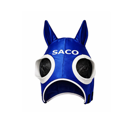 The Southern FOCUS Binkers by Southern Apparel is a blue helmet shaped like an animal, with upright ears, large round white eye openings, and "SACO" on the front. Made from lightweight performance materials.