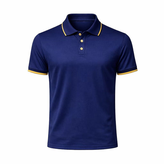 The Southern PADDOCK Polo by Southern Apparel is a navy short-sleeve race-day shirt in ECO performance fabric, with a collar, three buttons, and yellow trim on collar and sleeves, shown on a white background.