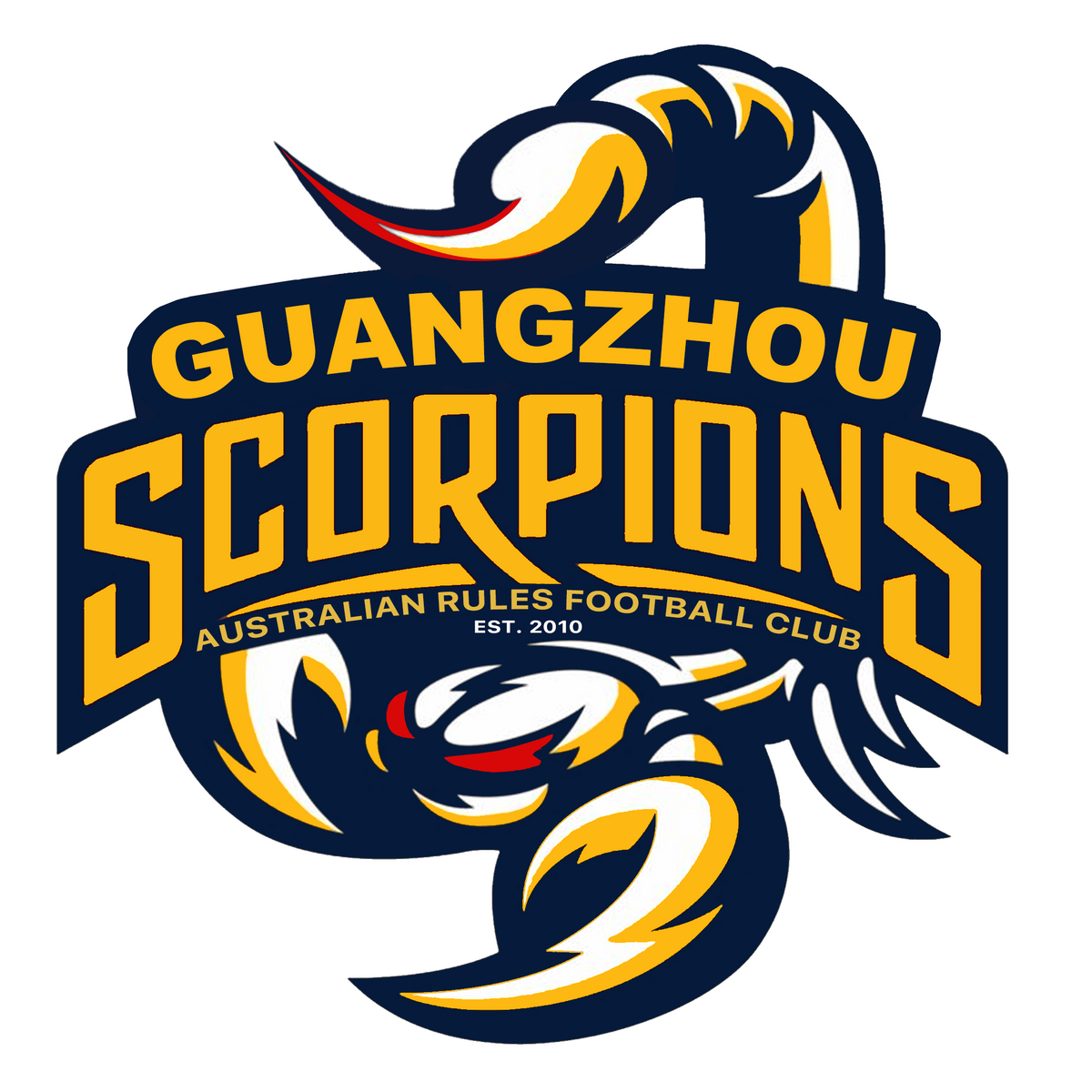 Logo for Guangzhou Scorpions Australian Rules Football Club, featuring a stylized scorpion in navy, gold, and red with bold text above it. Est. 2010 is written below the scorpion.