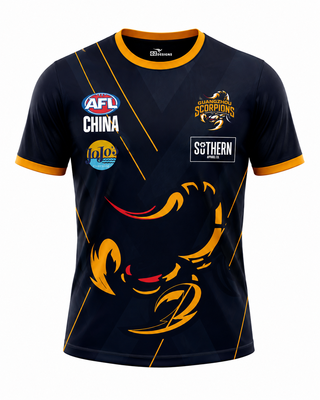 Introducing the Guangzhou Scorpions AFL Training Top by Southern Apparel, a lightweight and breathable navy blue sports jersey with striking gold trim. This ECO polyester sportswear showcases a bold stylized scorpion graphic, features prominent AFL China, JoJo, and Southern Hotel logos, and displays “Guangzhou Scorpions” across the chest—ideal as an official club training or warm-up top.