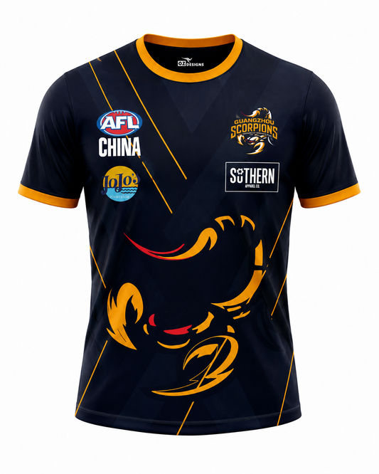 Introducing the Guangzhou Scorpions AFL Training Top by Southern Apparel, a lightweight and breathable navy blue sports jersey with striking gold trim. This ECO polyester sportswear showcases a bold stylized scorpion graphic, features prominent AFL China, JoJo, and Southern Hotel logos, and displays “Guangzhou Scorpions” across the chest—ideal as an official club training or warm-up top.