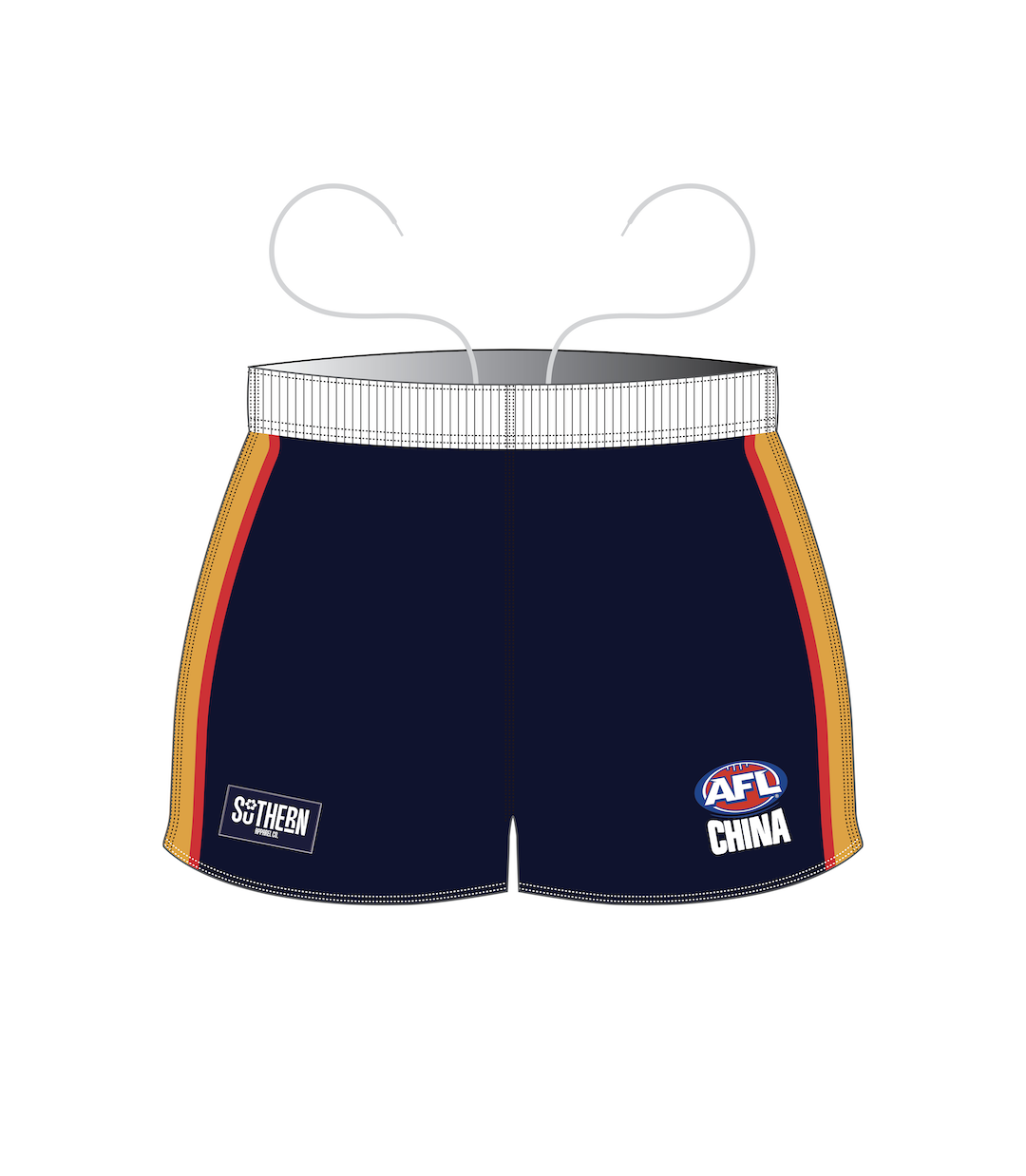Navy blue Guangzhou Scorpions AFL Shorts by Southern Apparel feature gold and red side stripes, a white waistband, and Southern, AFL, and China logos on the front—built for top performance both on and off the field.