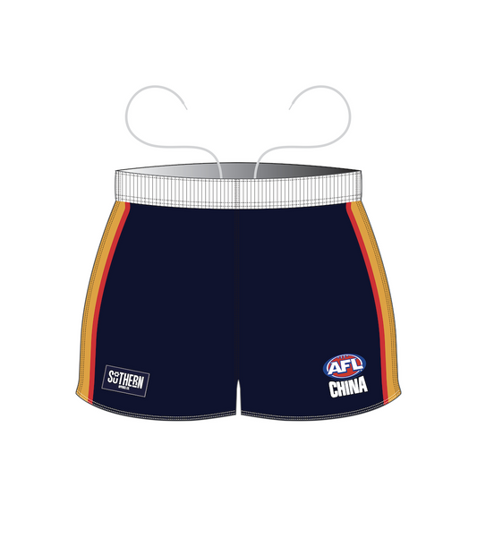 Navy blue Guangzhou Scorpions AFL Shorts by Southern Apparel feature gold and red side stripes, a white waistband, and Southern, AFL, and China logos on the front—built for top performance both on and off the field.
