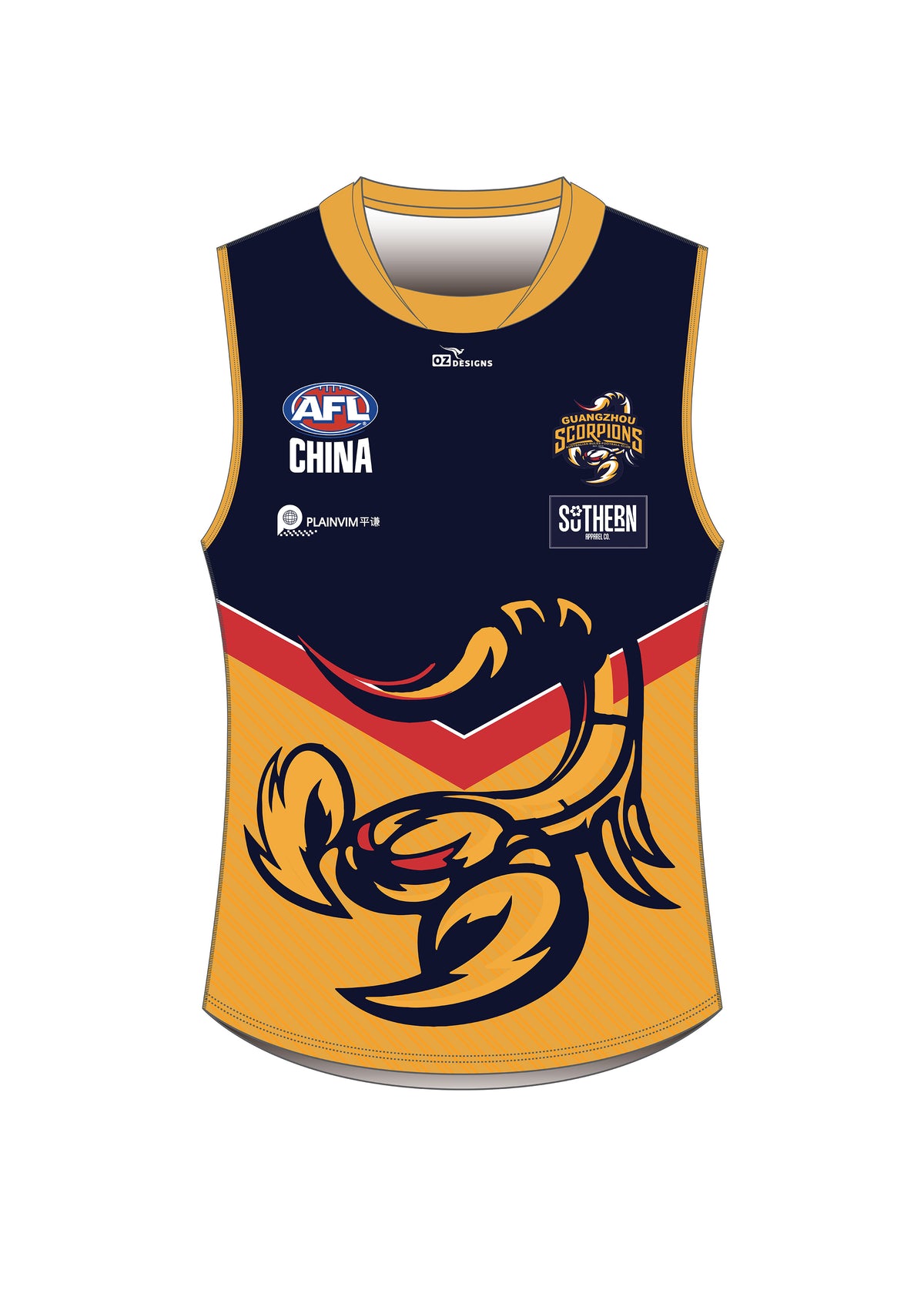 The Southern Apparel Guangzhou Scorpions AFL Guernsey features a navy and gold sleeveless design with a bold scorpion graphic, prominent sponsor logos, and a striking red chevron across the chest. Inspired by the official team jersey, this guernsey is crafted from sustainable ECO polyester to deliver comfort and eco-friendly performance for passionate fans.