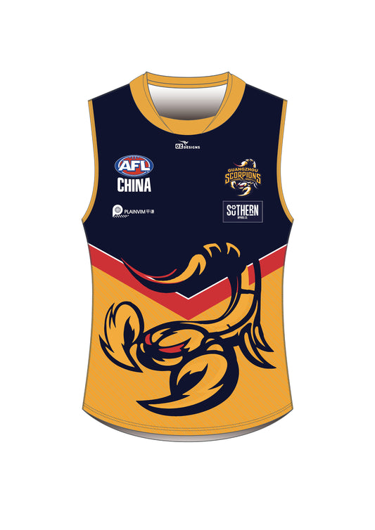 The Southern Apparel Guangzhou Scorpions AFL Guernsey features a navy and gold sleeveless design with a bold scorpion graphic, prominent sponsor logos, and a striking red chevron across the chest. Inspired by the official team jersey, this guernsey is crafted from sustainable ECO polyester to deliver comfort and eco-friendly performance for passionate fans.