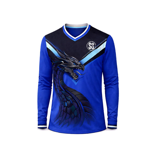 The Southern APEX Reversible Long Sleeve Jersey by Southern Apparel features pro-grade breathable fabric, a striking black dragon graphic and SU logo on the chest, black and light blue stripes, and a V-neck collar.