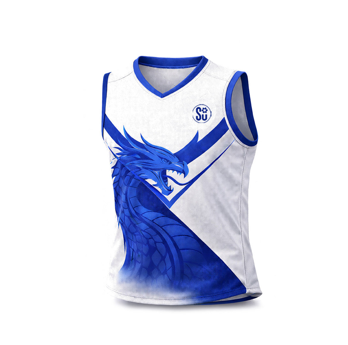 The Southern Apparel Southern APEX Reversible Sleeveless Jersey is a white pro-grade, breathable jersey with blue trim, a bold blue dragon graphic on the front, and a circular SU logo near the left shoulder.