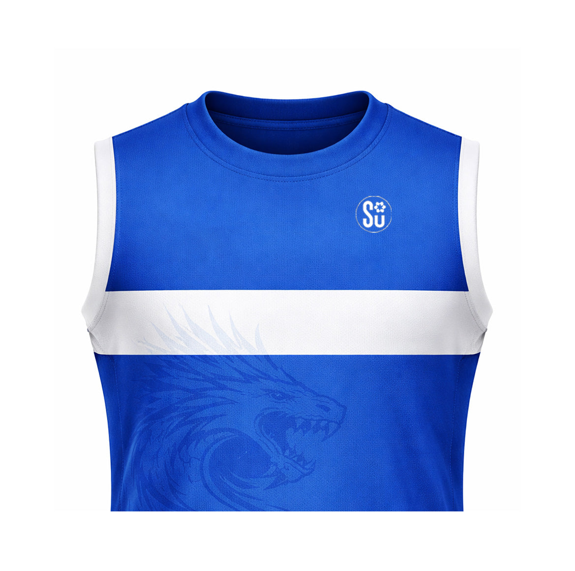 The Southern CLUB Sleeveless Jersey by Southern Apparel is a blue sports jersey with a white chest stripe, dragon graphic, and circular SU paw logo on the left shoulder—crafted from durable fabric for club and grassroots use.