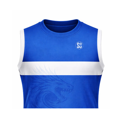 The Southern CLUB Sleeveless Jersey by Southern Apparel is a blue sports jersey with a white chest stripe, dragon graphic, and circular SU paw logo on the left shoulder—crafted from durable fabric for club and grassroots use.