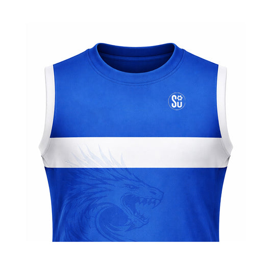 The Southern CLUB Sleeveless Jersey by Southern Apparel is a blue sports jersey with a white chest stripe, dragon graphic, and circular SU paw logo on the left shoulder—crafted from durable fabric for club and grassroots use.