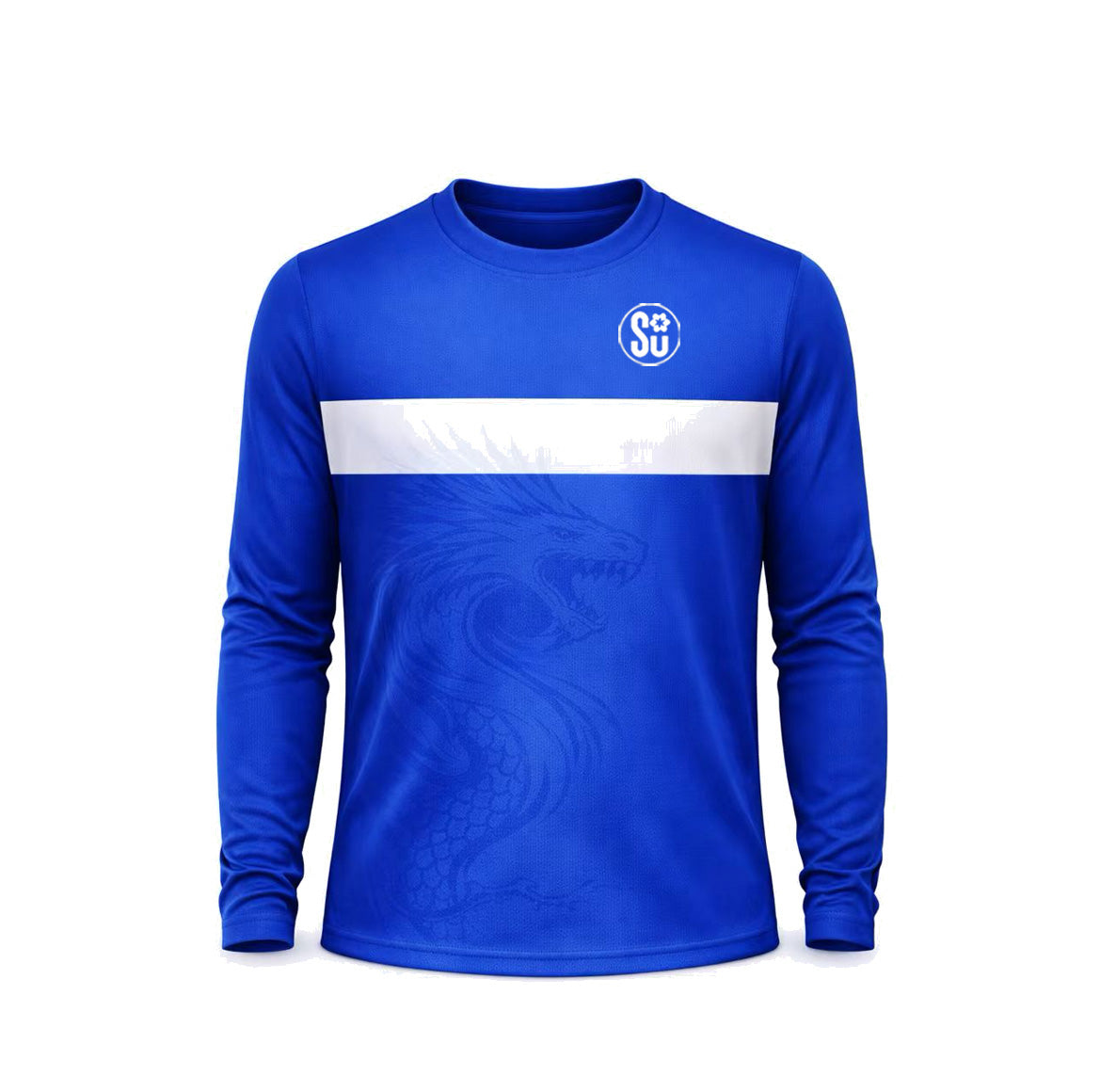 The Southern CLUB Long Sleeve Jersey by Southern Apparel is a blue athletic shirt with a white chest stripe, subtle lower-front dragon graphic, and circular SU logo on the left—made from durable fabric for reliable club-level training.