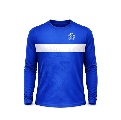 The Southern CLUB Long Sleeve Jersey by Southern Apparel is a blue athletic shirt with a white chest stripe, subtle lower-front dragon graphic, and circular SU logo on the left—made from durable fabric for reliable club-level training.