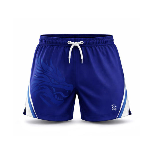 The Southern PERFORMANCE Shorts by Southern Apparel feature a white drawstring, side stripes, and a subtle dragon graphic on the left leg. Made from lightweight, breathable fabric, they’re ideal for high-intensity training with a small white logo on the right hem.
