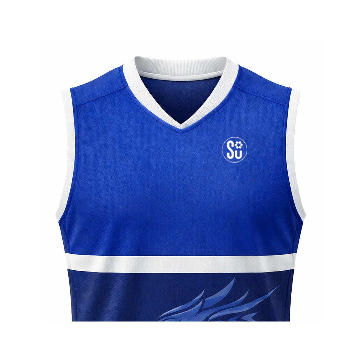 The Southern PERFORMANCE Sleeveless Jersey by Southern Apparel features blue performance fabric, white collar and armhole trim, a white chest stripe, dragon graphic, and a circular SU logo on the left chest.