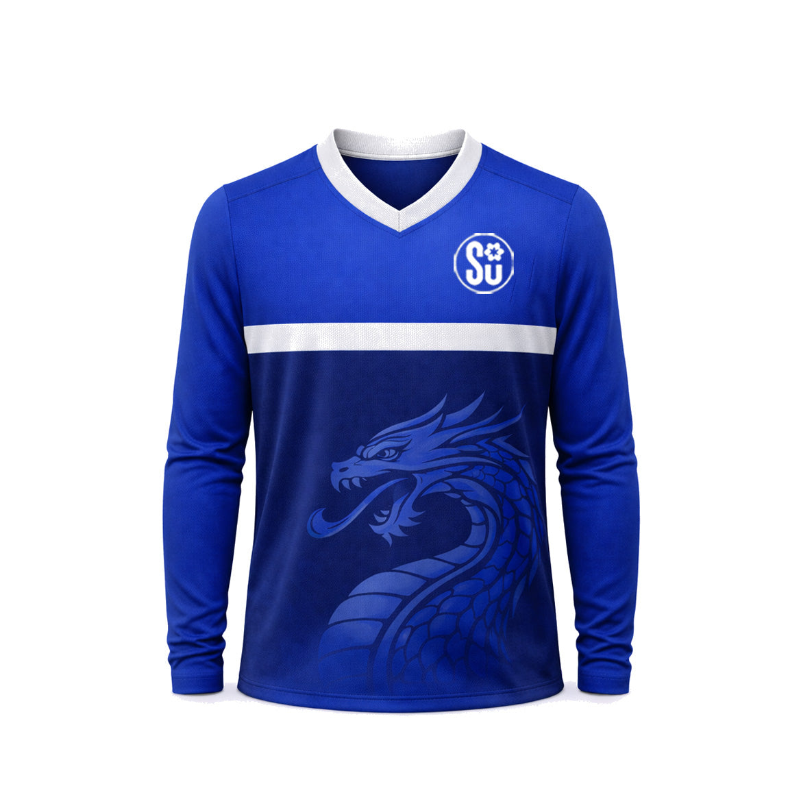 The Southern Apparel Southern PERFORMANCE Long Sleeve Jersey features blue performance fabric, a white V-neck, white chest stripe, dragon graphic on the lower front, and a circular "SU" emblem near the left shoulder.