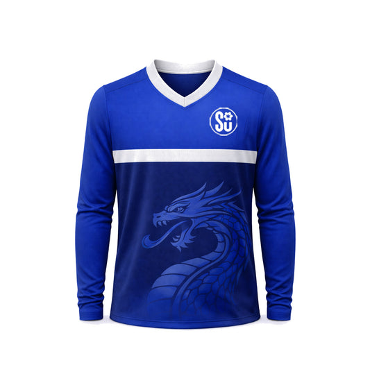 The Southern Apparel Southern PERFORMANCE Long Sleeve Jersey features blue performance fabric, a white V-neck, white chest stripe, dragon graphic on the lower front, and a circular "SU" emblem near the left shoulder.
