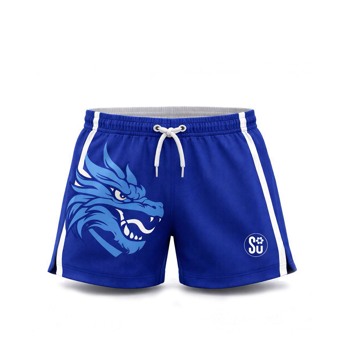 Southern KIDS PERFORMANCE Shorts by Southern Apparel feature breathable blue fabric, a white drawstring, fierce blue dragon graphic on the left leg, white "Su" logo on the right leg, and white side stripes.