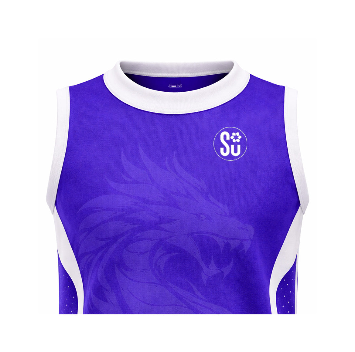 The Southern Apparel APEX TRAINING Sleeveless Singlet is a purple athletic top with white trim, made from premium breathable fabric. It features a subtle dragon graphic on the chest and a circular SU paw print logo at the top left.