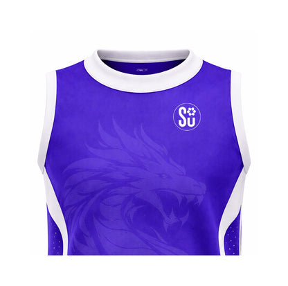 The Southern Apparel APEX TRAINING Sleeveless Singlet is a purple athletic top with white trim, made from premium breathable fabric. It features a subtle dragon graphic on the chest and a circular SU paw print logo at the top left.