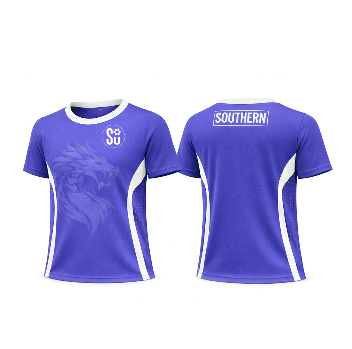 Front and back view of the Southern APEX TRAINING Sleeve Singlet by Southern Apparel in purple and white breathable fabric, with a dragon graphic on front, “SU” paw print logo on chest, and “SOUTHERN” in a white box on the upper back.
