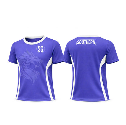 Front and back view of the Southern APEX TRAINING Sleeve Singlet by Southern Apparel in purple and white breathable fabric, with a dragon graphic on front, “SU” paw print logo on chest, and “SOUTHERN” in a white box on the upper back.