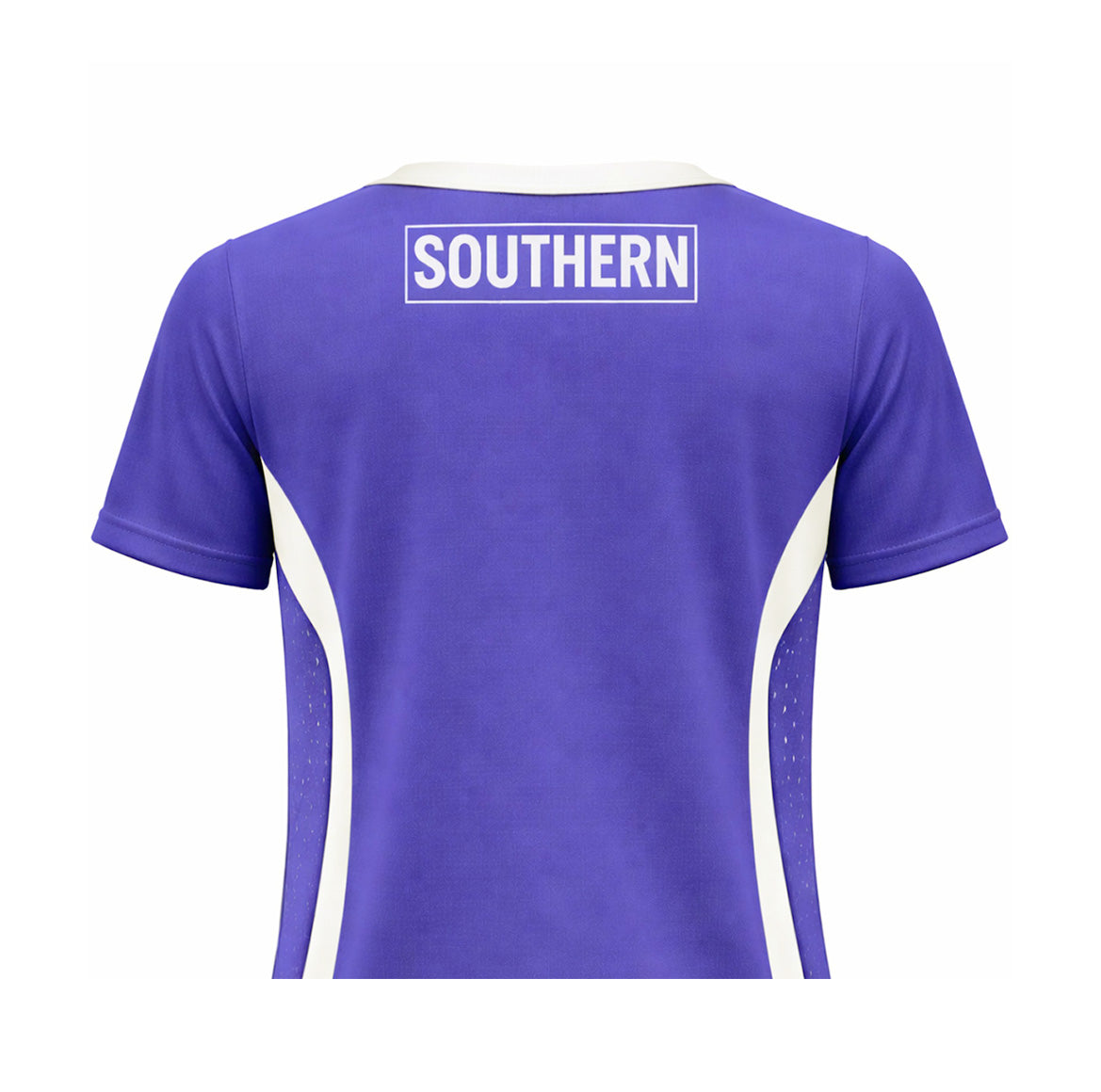 Back view of the Southern APEX TRAINING Sleeve Singlet by Southern Apparel, a short-sleeve purple sports top with white accents, made from breathable fabric and featuring "SOUTHERN" printed boldly in white on the upper back.