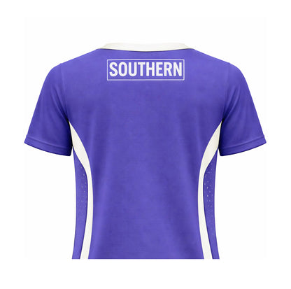 Back view of the Southern APEX TRAINING Sleeve Singlet by Southern Apparel, a short-sleeve purple sports top with white accents, made from breathable fabric and featuring "SOUTHERN" printed boldly in white on the upper back.