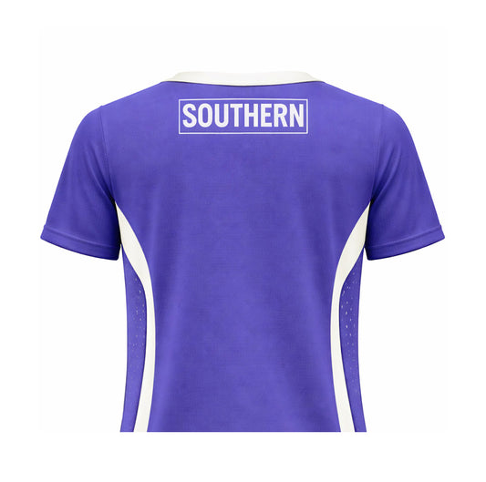 Back view of the Southern APEX TRAINING Sleeve Singlet by Southern Apparel, a short-sleeve purple sports top with white accents, made from breathable fabric and featuring "SOUTHERN" printed boldly in white on the upper back.
