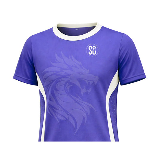 The Southern Apparel Southern APEX TRAINING Sleeve Singlet is a purple performance jersey with white accents, made from breathable fabric, showcasing a bold lion head on the front and a SU paw print logo near the left shoulder.