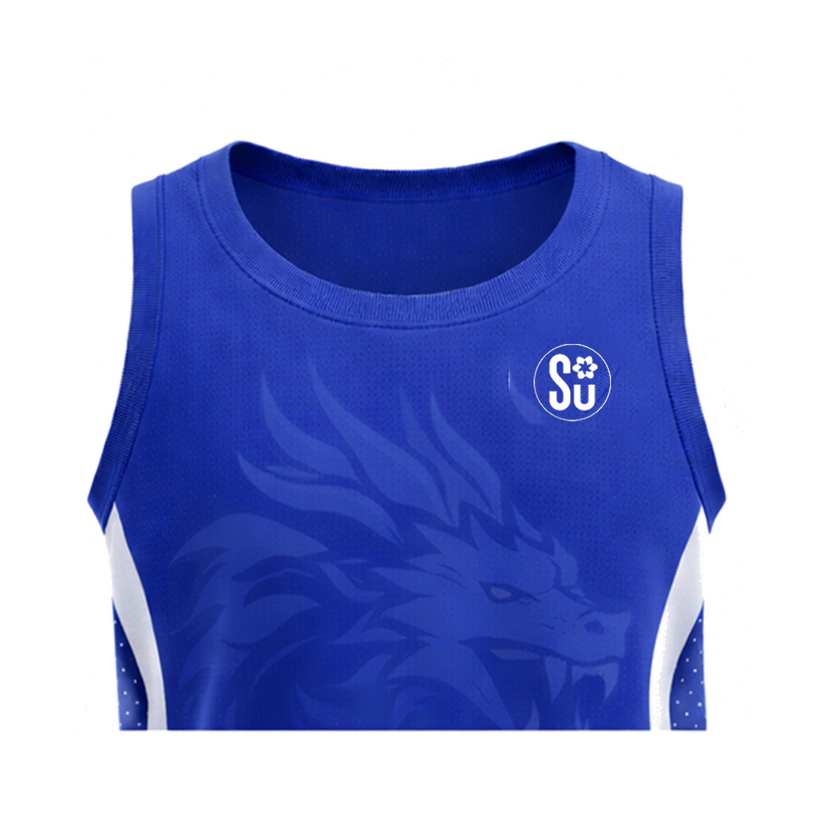The Southern Apparel Southern TRAINING Singlet – CORE is a blue sleeveless jersey with a subtle dragon graphic on the chest, white side panels, and a circular SU paw print logo on the left shoulder, made from lightweight fabric for comfort.