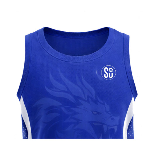 The Southern Apparel Southern TRAINING Singlet – CORE is a blue sleeveless jersey with a subtle dragon graphic on the chest, white side panels, and a circular SU paw print logo on the left shoulder, made from lightweight fabric for comfort.