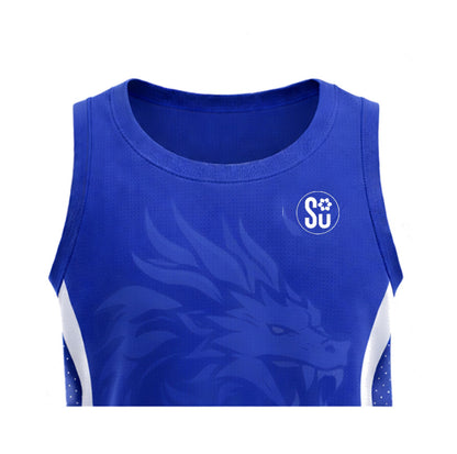 The Southern Apparel Southern TRAINING Singlet – CORE is a sleeveless blue sports jersey with a subtle dragon graphic, white SU paw logo, and side panels with blue dot accents—crafted from durable fabric for lasting everyday performance.