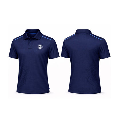 Front and back view of the Southern Apparel UMPIRES Elite Polo in navy blue premium fabric, featuring a collar, buttons, subtle shoulder stripes, a small white SU logo on the left chest, and a faint dragon design on the lower side.