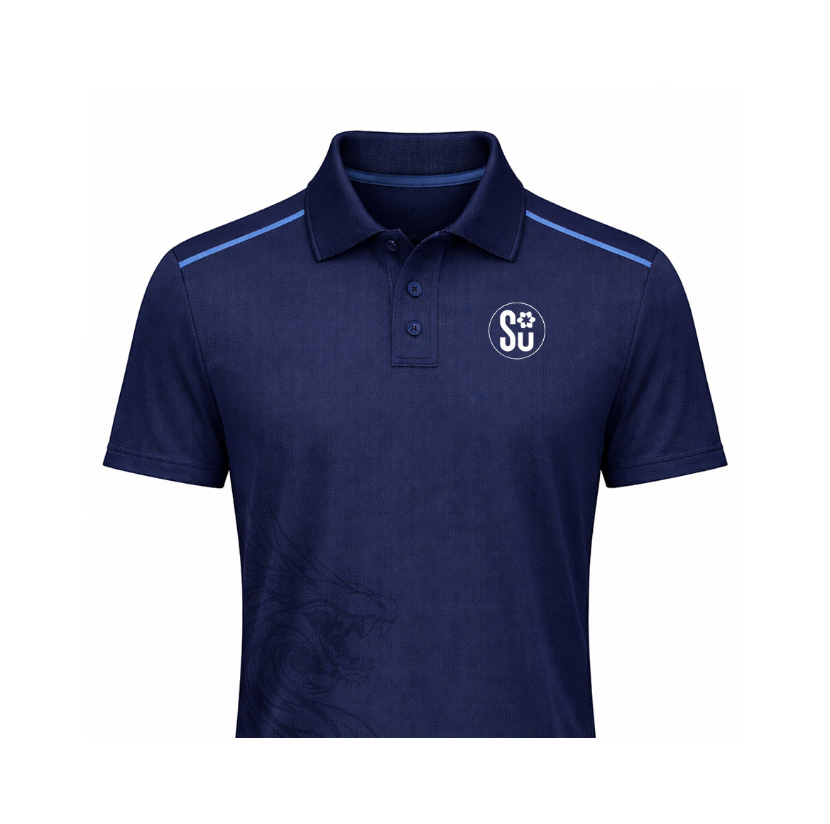 The Southern Apparel Southern GAME DAY Polo features navy blue fabric, blue shoulder stripes, a buttoned collar, a circular SU logo on the left chest, and a subtle dragon graphic on the lower right. Coming Soon.