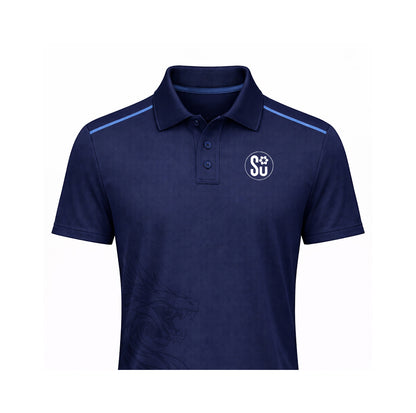The Southern Apparel Southern GAME DAY Polo features navy blue fabric, blue shoulder stripes, a buttoned collar, a circular SU logo on the left chest, and a subtle dragon graphic on the lower right. Coming Soon.