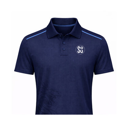 The Southern Apparel UMPIRES Elite Polo is a navy club polo with a collar, button placket, light blue shoulder stripes, a white circular SU soccer logo on the chest, premium fabric, and a subtle graphic pattern near the bottom.