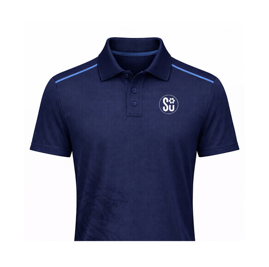 The Southern Apparel UMPIRES Elite Polo is a navy club polo with a collar, button placket, light blue shoulder stripes, a white circular SU soccer logo on the chest, premium fabric, and a subtle graphic pattern near the bottom.