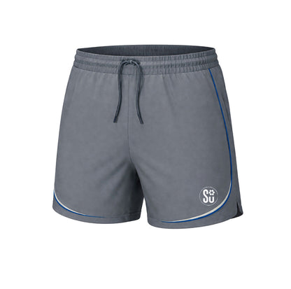 Southern Apparel’s UMPIRES Elite ONFIELD Shorts feature gray fabric, elastic waistband, drawstring, blue side piping, white curved hem accents, and a small circular SU paw print logo on the left leg.