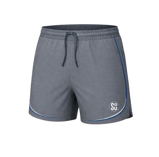 Southern Apparel’s UMPIRES Elite ONFIELD Shorts feature gray fabric, elastic waistband, drawstring, blue side piping, white curved hem accents, and a small circular SU paw print logo on the left leg.