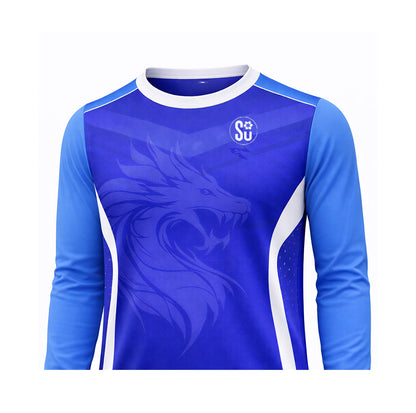 The Southern Apparel Southern WARM-UP Long Sleeve Top features a subtle dragon graphic, blue and white accents, an SU logo near the left shoulder, and is crafted for optimal breathability—perfect for athletes as a warm-up top.