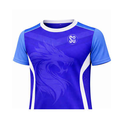 The Southern WARM-UP Short Sleeve Top by Southern Apparel features light blue sleeves, white side panels and collar, a bold dragon graphic on the front, and a circular SU logo with paw print—perfect breathable sportswear.