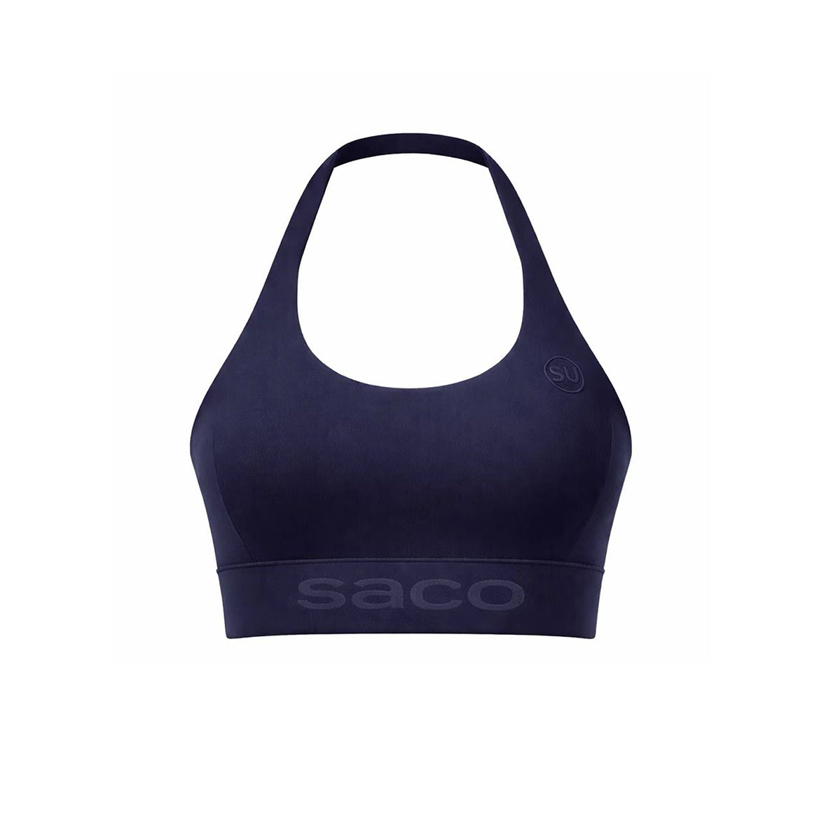 The Southern POWER-SPORT Bra by Southern Apparel is a navy blue sports bra with a halter neckline, high-impact support, "saco" on the band, and a circular SU logo near the left strap, shown on a plain white background.