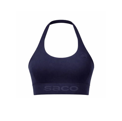 The Southern POWER-SPORT Bra by Southern Apparel is a navy blue sports bra with a halter neckline, high-impact support, "saco" on the band, and a circular SU logo near the left strap, shown on a plain white background.
