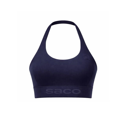 The Southern POWER-SPORT Bra by Southern Apparel is a navy blue sports bra with a halter neckline, high-impact support, "saco" on the band, and a circular SU logo near the left strap, shown on a plain white background.